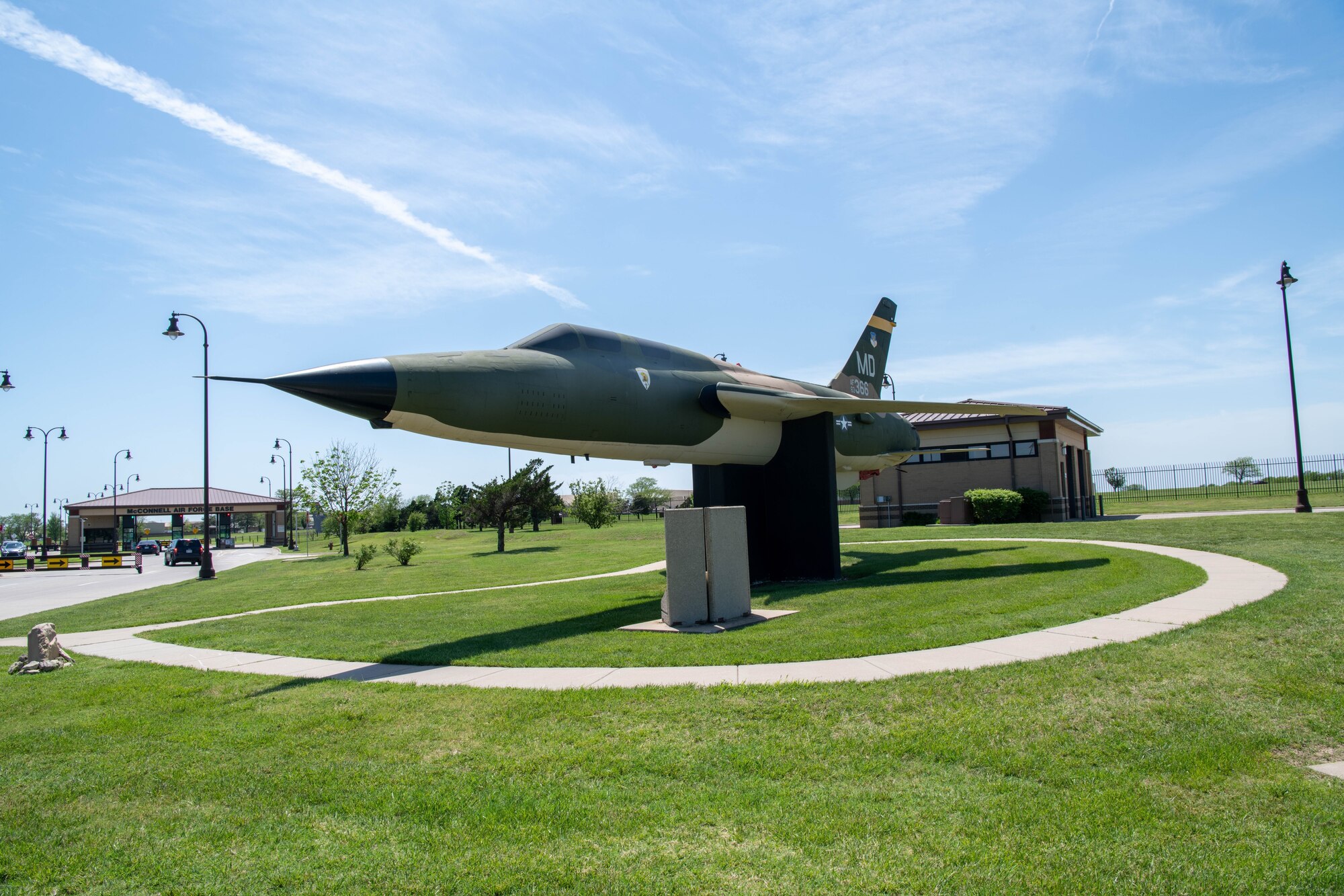 An F-105 Thundercheif is displayed outside McConnell Air Force Base, Kansas, honors those who flew the aircraft and its years of service.