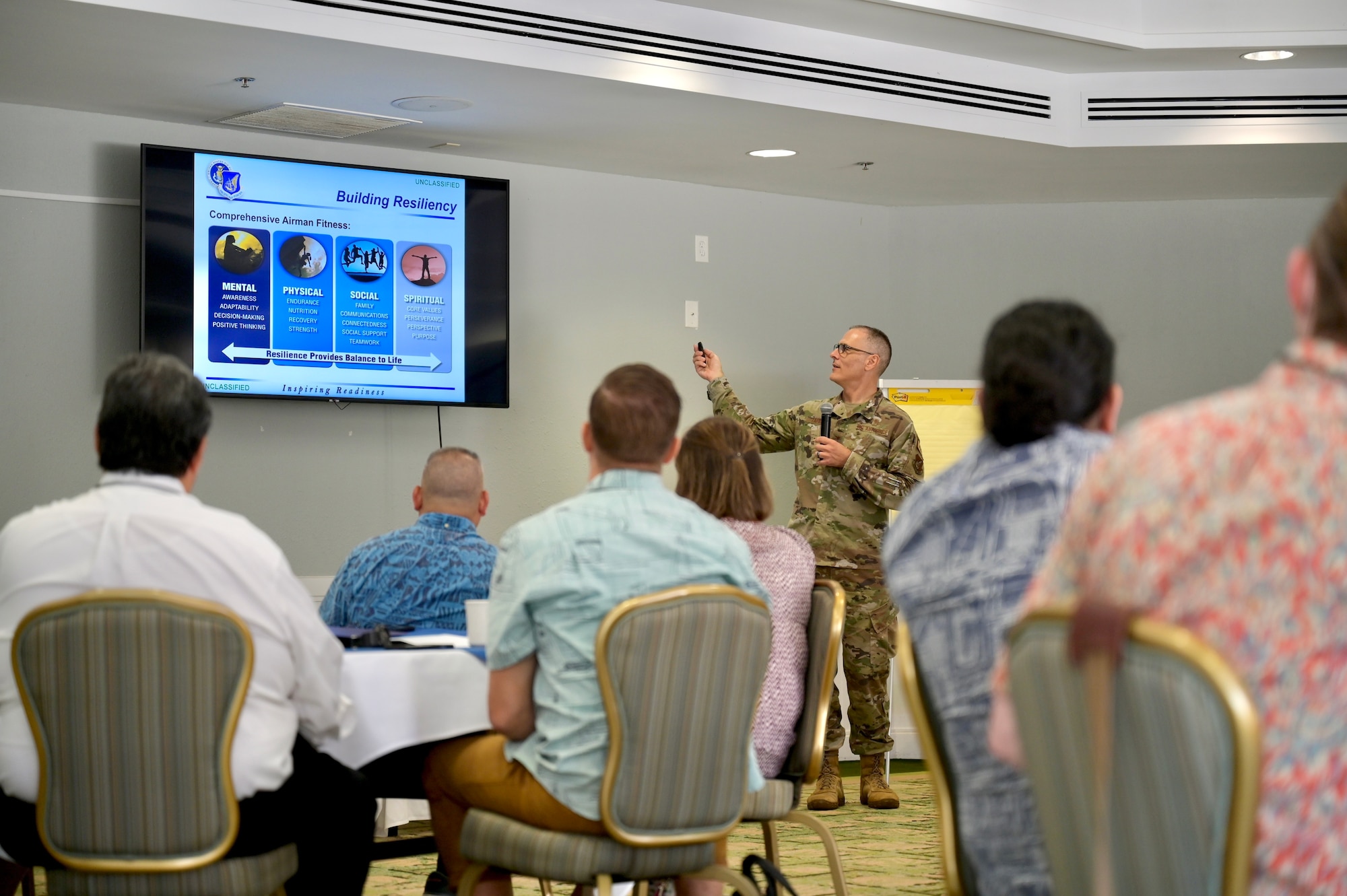 Col. Christopher LaPack, Pacific Air Forces command chaplain, briefs local religious leaders on the role of chaplains in the Air Force during a Cultural Religious Leader Engagement event at Joint Base Pearl Harbor-Hickam, Hawaii, May 12, 2022. Chaplain LaPack not only briefed on the role of spirituality as part of comprehensive Airman fitness, but the partnerships the PACAF chaplain team has with countries throughout the Indo-Pacific. (U.S. Air Force photo by 1st Lt. Benjamin Aronson)