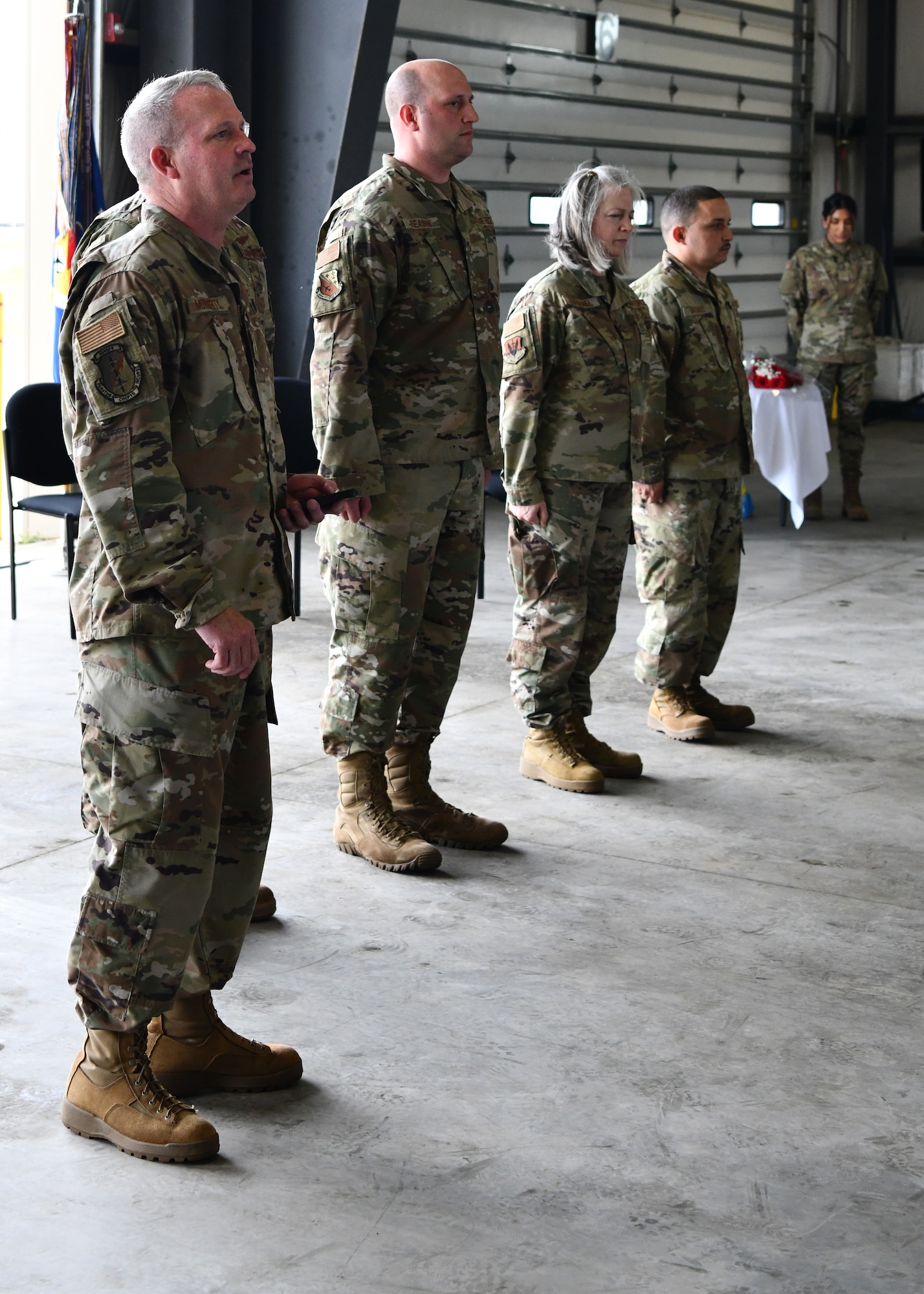 Senior Master Sgt. Thomas Moriarty, 104th Fighter Wing Operations Group first sergeant, addresses Airmen during the TF Powderhorn awards ceremony at Barnes Air National Guard Base, Massachusetts, May 14, 2022. Fifty four Barnestormers were awarded Army Achievement Medals for their outstanding performance during TF Powderhorn, an activation where members supported state medical facilities. (U.S. Air National Guard Photo by Senior Airman Camille Lienau)