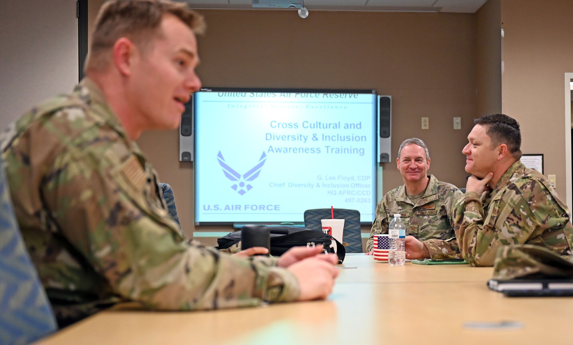 Col. Terry McClain, 433rd Airlift Wing commander (center), sits with other senior leaders during the Diversity and Inclusion training hosted by the Air Force Reserve Command Headquarters, May 12, 2022, at Joint Base San Antonio-Lackland, Texas. (U.S. Air Force photo by Staff Sgt. Monet Villacorte)