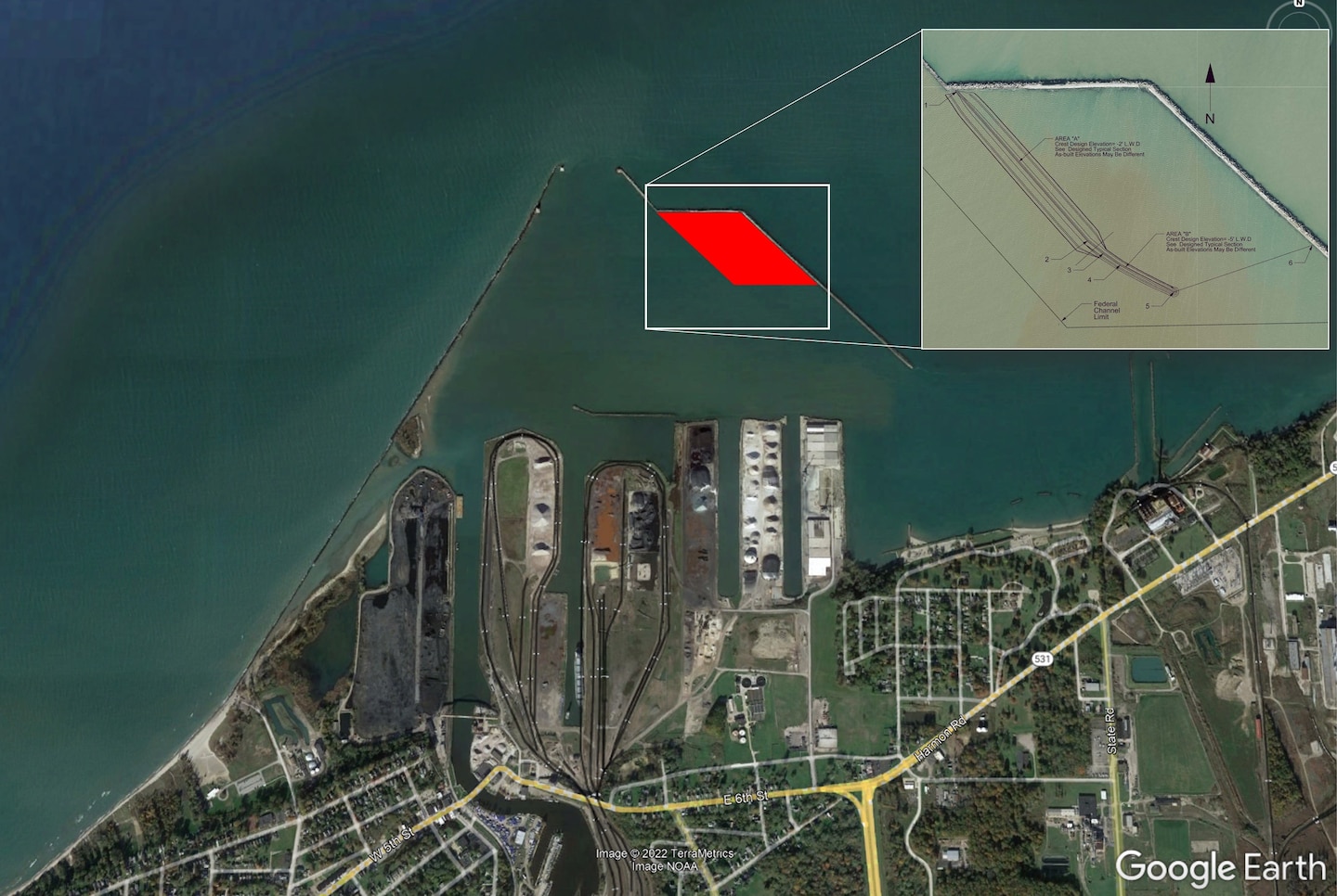 Map overlay of Ashtabula Harbor, Ohio.