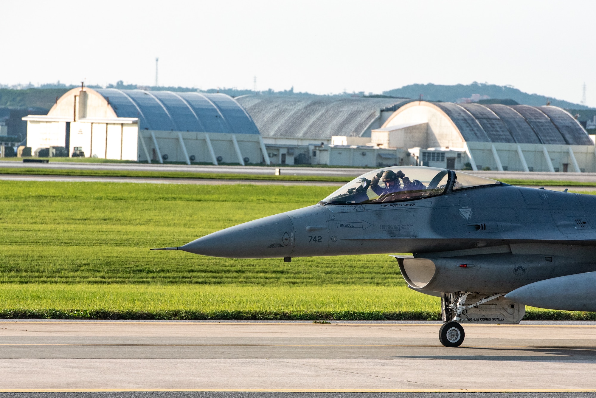 Pilot taxis down the runway