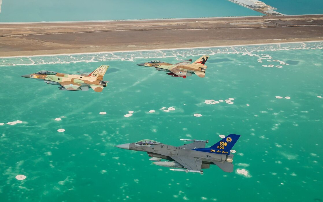 A U.S. Air Force F-16 Fighting Falcon flies alongside the Israeli Air Force during Desert Falcon in Israel, Jan. 16, 2022. Desert Falcon is a joint international exercise in which the Israeli and U.S. aircrews flew wing-to-wing and trained for various aerial scenarios and strikes. (Courtesy photo by the Israeli Air Force)
