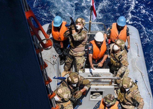 During exercise Phoenix Express 2021 members of the Egyptian visit, board, search and seizure (VBSS) team prepare to board the Expeditionary Sea Base USS Hershel “Woody” Williams (ESB 4) in the Mediterranean Sea, May 25, 2021.
