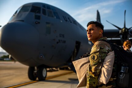 U.S. Army Soldier, 2nd Lt. Brandon Mercado, Contingency Command Post (CCP) mayor cell execuitive officer, boards a Boeing C-130 Hercules at Joint Base San Antonio - Kelly Field, Texas, during the Army South CCP deployment exercise at Army Support Activity Soto Cano, Honduras, May 11, 2022. During the nine-day forward exercise, over 60 Soldiers from Army South, 470th Military Intelligence Brigade, 410th Contracting Support Brigade (410th CSB), and 56th Signal Battalion set up the CCP tactical operations center, tactical satellite communications, and participated in several operations and intelligence briefs with Army South, U.S. Agency for International Development’s (USAID) and 410th CSB to rehearse their staff functions as SOUTHCOM’s command and control element during contingency operations. (U.S. Army photo by Spc. Joshua Taeckens)