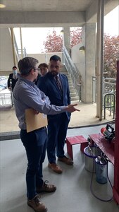 IMAGE: Alan Overby discusses the V-22 engine sand injection test system during the Virginia Tech Mechanical Engineering Expo, April 29.