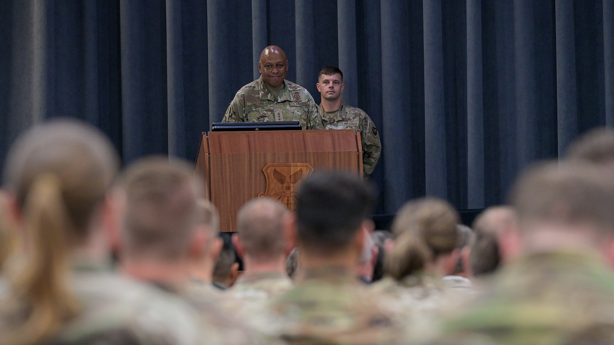 Gen. Anthony Cotton, Air Force Global Strike Command commander, addresses Airmen during the presentation of the Joint Meritorious Unit Award that was given to AFGSC in recognition of the command’s efforts and achievements during the height of the COVID-19 pandemic. AFGSC ensured mission success across three intercontinental ballistic missile wings and 495 remote facilities across the nation’s northern tier, enabling U.S. Strategic Command to meet mission readiness capabilities. (U.S. Air Force photo by Senior Airman Jonathan E. Ramos)