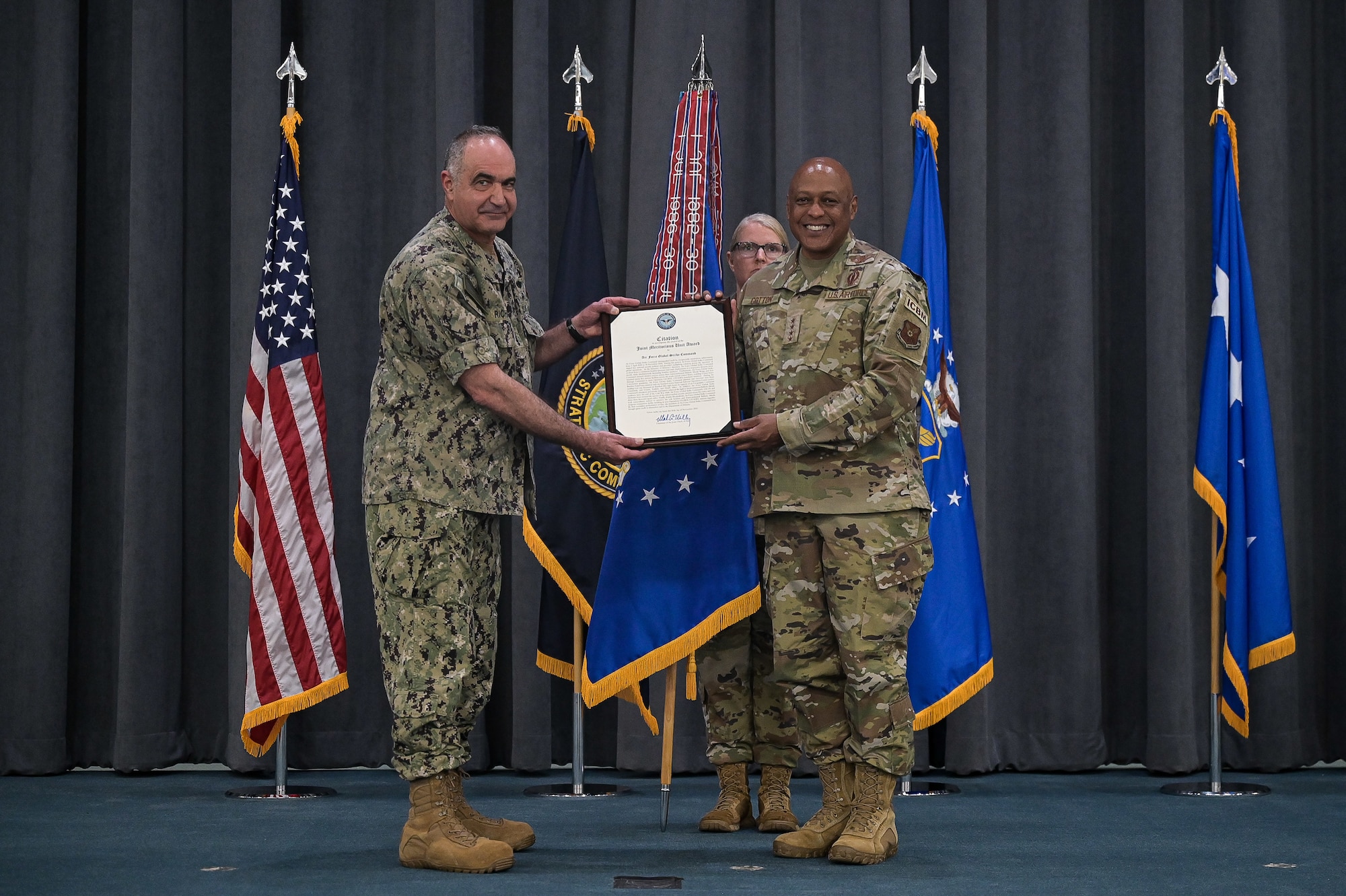 Adm. Charles A. Richard, commander, U.S. Strategic Command, presented the Joint Meritorious Unit Award to Air Force Global Strike Command during a ceremony held at Barksdale Air Force Base, Louisiana, May 18.