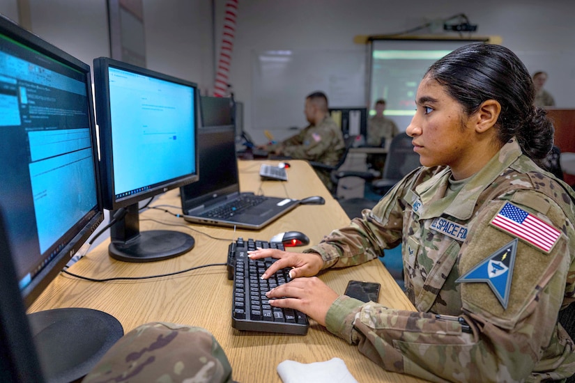 A guardian works on a computer.