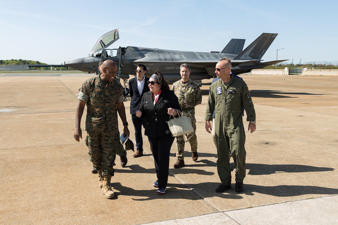 U.S. Marine Corps Lt. Gen. Michael E. Langley, the commander of Fleet Marine Force, Atlantic, Marine Forces Command, Marine Forces Northern Command, and Her Excellency Dame Karen Pierce, Her Majesty’s Ambassador (HMA) to the United States of America are given a tour of the F-35B Lightning by U.S. Marine Corps Lt. Col Christopher E. Bant, the commanding officer of the Marine Fighter Attack Training Squadron 501 at Naval Station Norfolk Chamber's Field, Norfolk, VA, on April 21st, 2022. Lt. Gen. Langley hosted HMA Pierce to observe F-35B flight operations and continue strengthening partnerships with allies. The F-35B is a short take-off/vertical landing, multi-role fighter aircraft whose primary emphasis is air-to-ground combat. (U.S. Marine Corps photo by Casey Price)