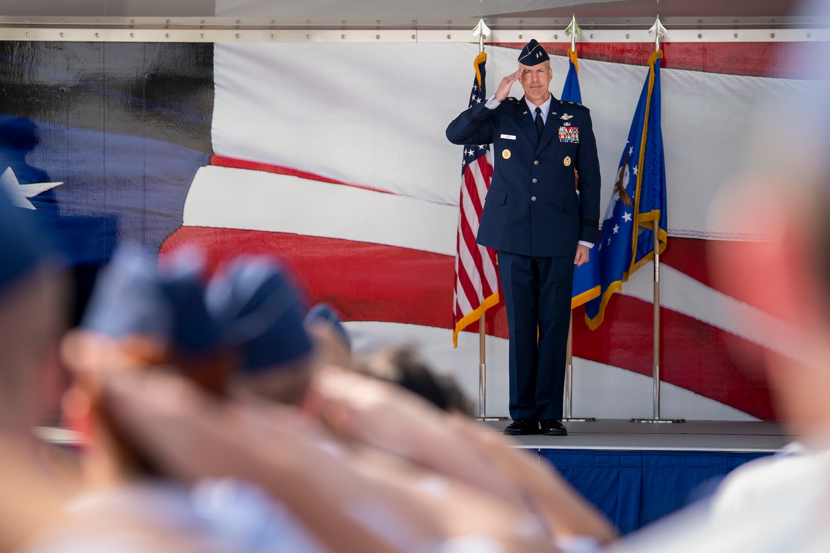 Maj. Gen. Christopher Craige receives his final salute prior to
relinquishing command of the Air Force's Personnel Center to Maj. Gen. Troy Dunn at Joint Base San Antonio-Randolph, Texas, May 18, 2022.