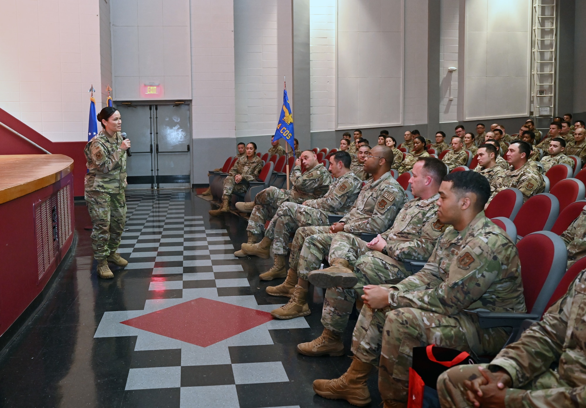 Chief Master Sgt. Billie Baber, 960th Cyberspace Wing command chief, speaks to wing enlisted call attendees about current issues and concerns regarding the enlisted force May 14, 2022, at the Bob Hope Performing Arts Center, Joint Base San Antonio-Lackland, Texas. (U.S. Air Force photo by Kristian Carter)