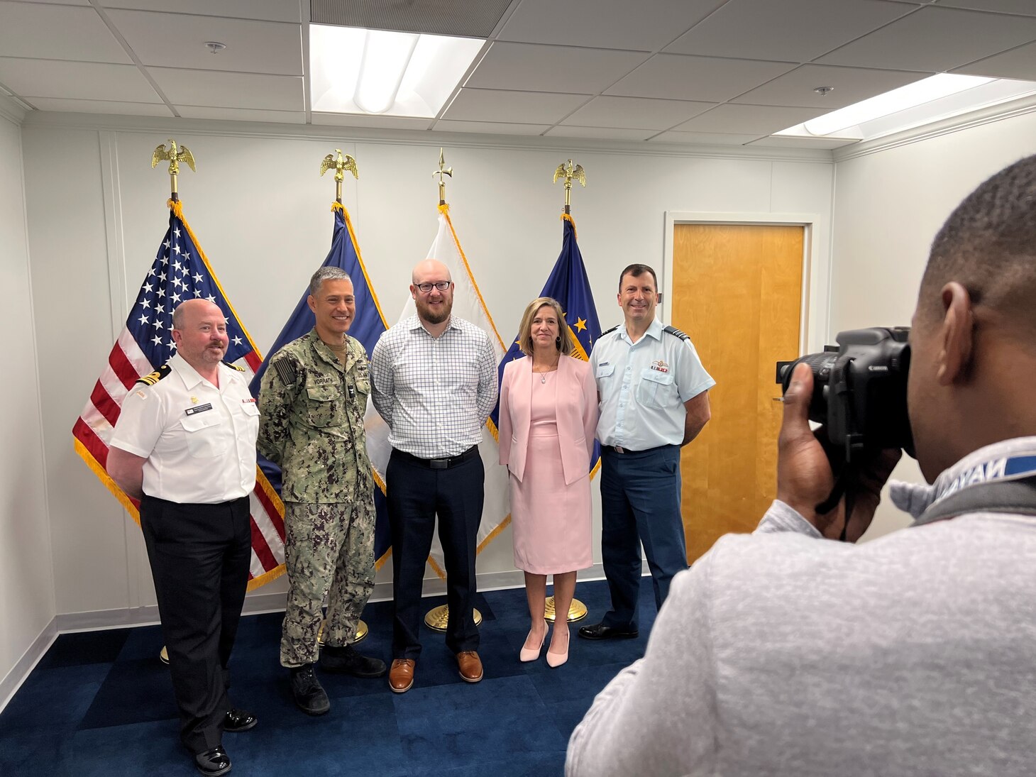 Stennis Space Center, Miss.—— Military and government representatives from Canada’s Naval Geospatial Intelligence Maritime and Directorate of Meteorology and Oceanography (DMETOC) toured Naval Oceanography HQ and subordinate commands at NASA Stennis Space Center for an overview of mission goals, operational capabilities and collaboration opportunities, May 18-19.

The Canadian DMETOC team’s first visit to Naval Oceanography at Stennis comes as continued allied-relations between the U.S and Canada are strengthened through engagements enabling meaningful exchange. 

Canada’s delegation included: Mr. Scott Graham, Senior Planner at DMETOC; LCDR Kray Roubichaud, Naval and Geospatial Intelligence Maritime, Naval Force Readiness, Royal Canadian Navy (RCN); and Major Martin Couët, DMETOC, Oceanographic Plans and Requirements.