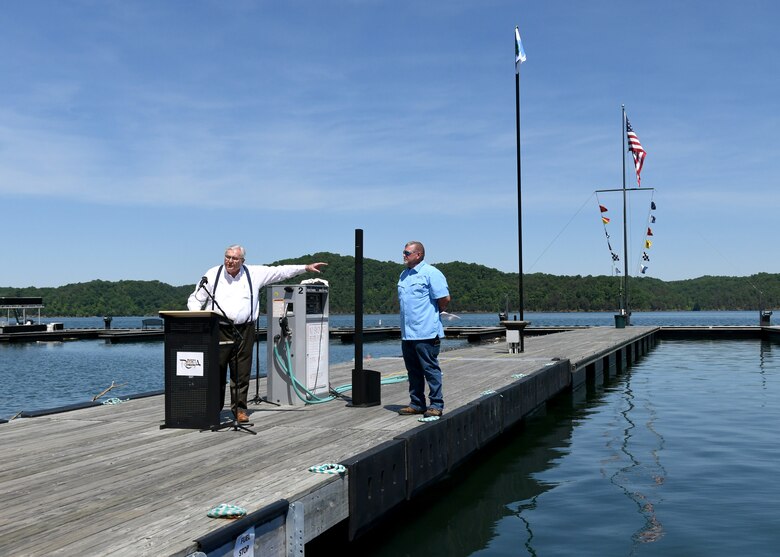 Marina@Rowena co-owner Tony Sloan shares with the Clean Marina Award audience the extensive planning and preparation that went into making Marina@Rowena’s basin the capacity it currently is today, as Marina@Rowena General Manager David Dyson look on, May 17, 2022, in Albany, Ky.