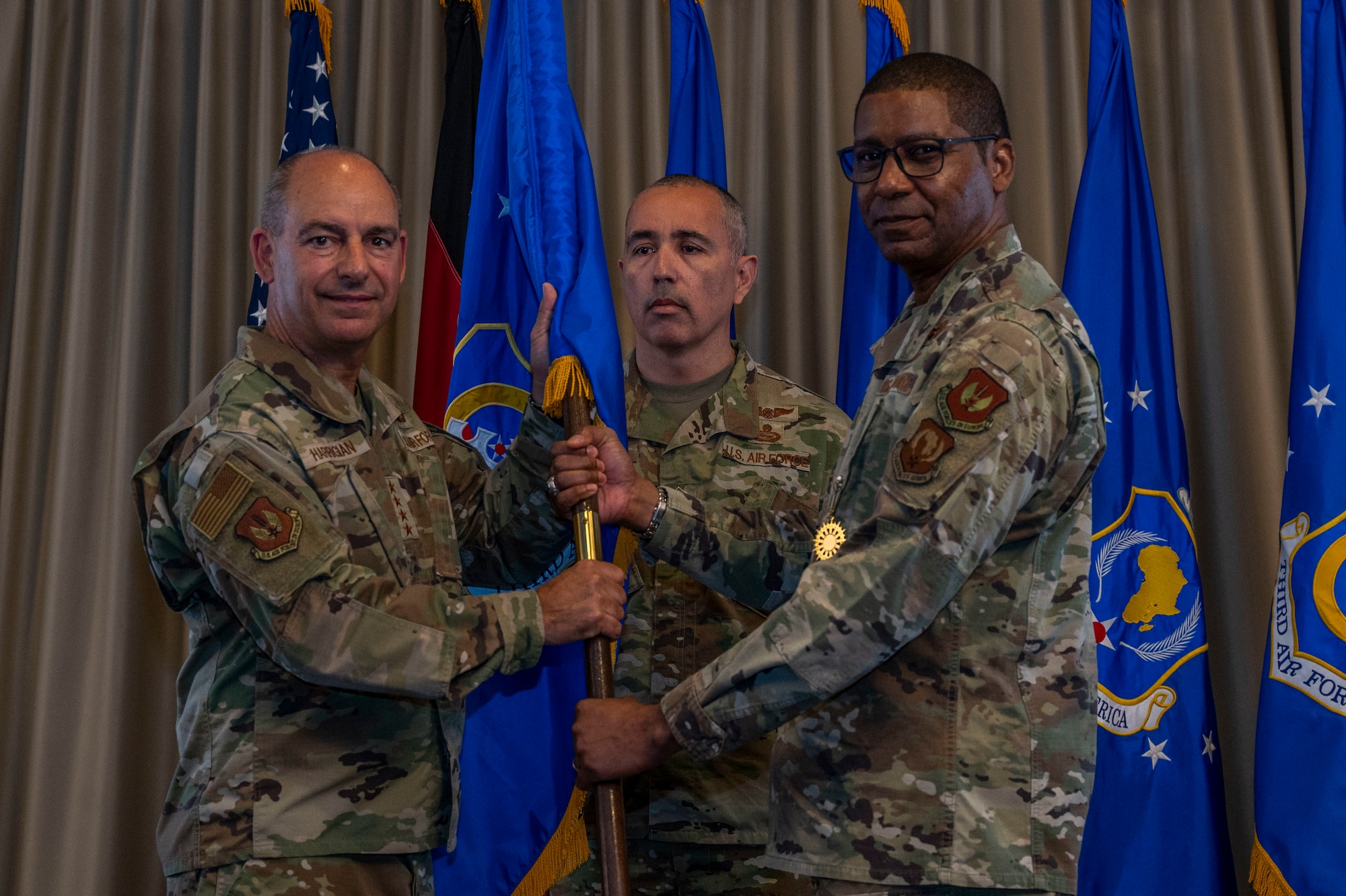 U.S. Air Force Maj. Gen. Randall Reed, Third Air Force commander, gives remarks during his final commander’s call at Ramstein Air Base, Germany, May 18, 2022. Third Air Force also works with its subordinate commands to ensure implementation and compliance with relevant policies and directives of the Department of Defense, Headquarters Air Force, and U.S. Air Force in Europe - Air Forces Africa. Additionally, Third Air Force facilitates coordination between its subordinate commands and USAFE-AFAFRICA, U.S. European Command, U.S. Africa Command, DoD agencies, and other field activities. (U.S. Air Force photo by Staff Sgt. Megan M. Beatty)