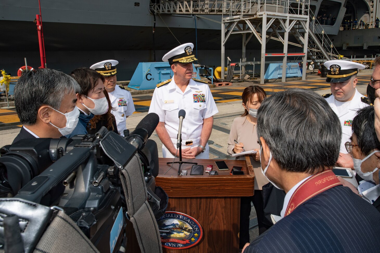 Rear Adm. Michael Donnelly, Commander, Task Force 70 and Carrier Strike Group 5, gives a press brief prior to the departure of the U.S. Navy’s only forward-deployed aircraft carrier USS Ronald Reagan (CVN 76) from Commander, Fleet Activities Yokosuka (CFAY) for a regularly scheduled deployment, May 20, 2022. Ronald Reagan is deployed to the U.S. 7th Fleet area of operations in support of a free and open Indo-Pacific region. For more than 75 years, CFAY has provided, maintained, and operated base facilities and services in support of the U.S. 7th Fleet’s forward-deployed naval forces, tenant commands, and thousands of military and civilian personnel and their families. (U.S. Navy photo by Ryo Isobe)