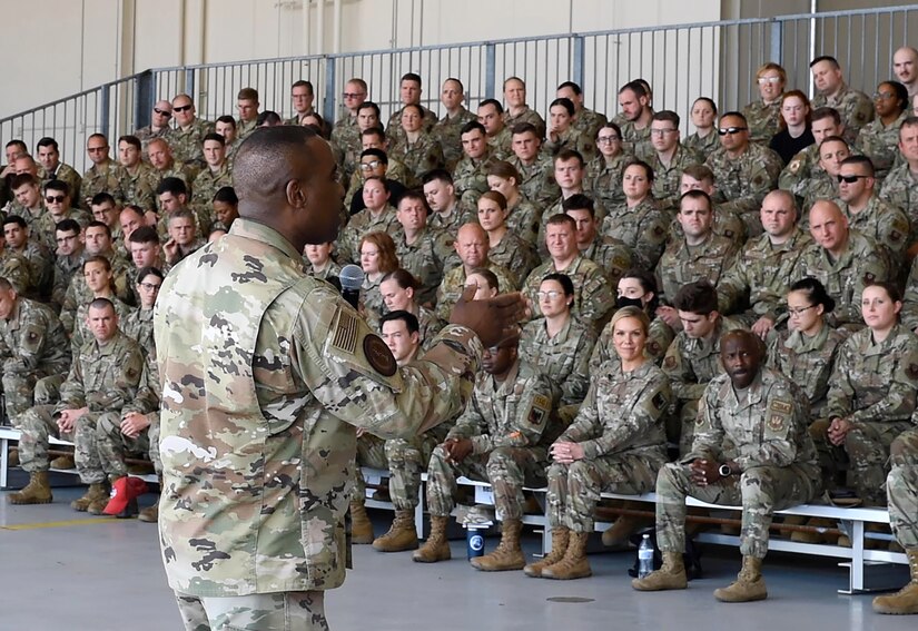 U.S. Air Force Chief Master Sergeant Maurice L. Williams, command chief, Air National Guard, addresses Airmen of the 193rd Special Operations Wing in an enlisted town hall at the Harrisburg International Airport, Middletown, Pennsylvania, May 15, 2022.