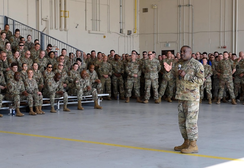 U.S. Air Force Chief Master Sergeant Maurice L. Williams, command chief, Air National Guard, addresses Airmen of the 193rd Special Operations Wing during an enlisted town hall at the Harrisburg International Airport, Middletown, Pennsylvania, May 15, 2022. Williams traveled to Pennsylvania to meet with unit members and provide national-level leadership insight.