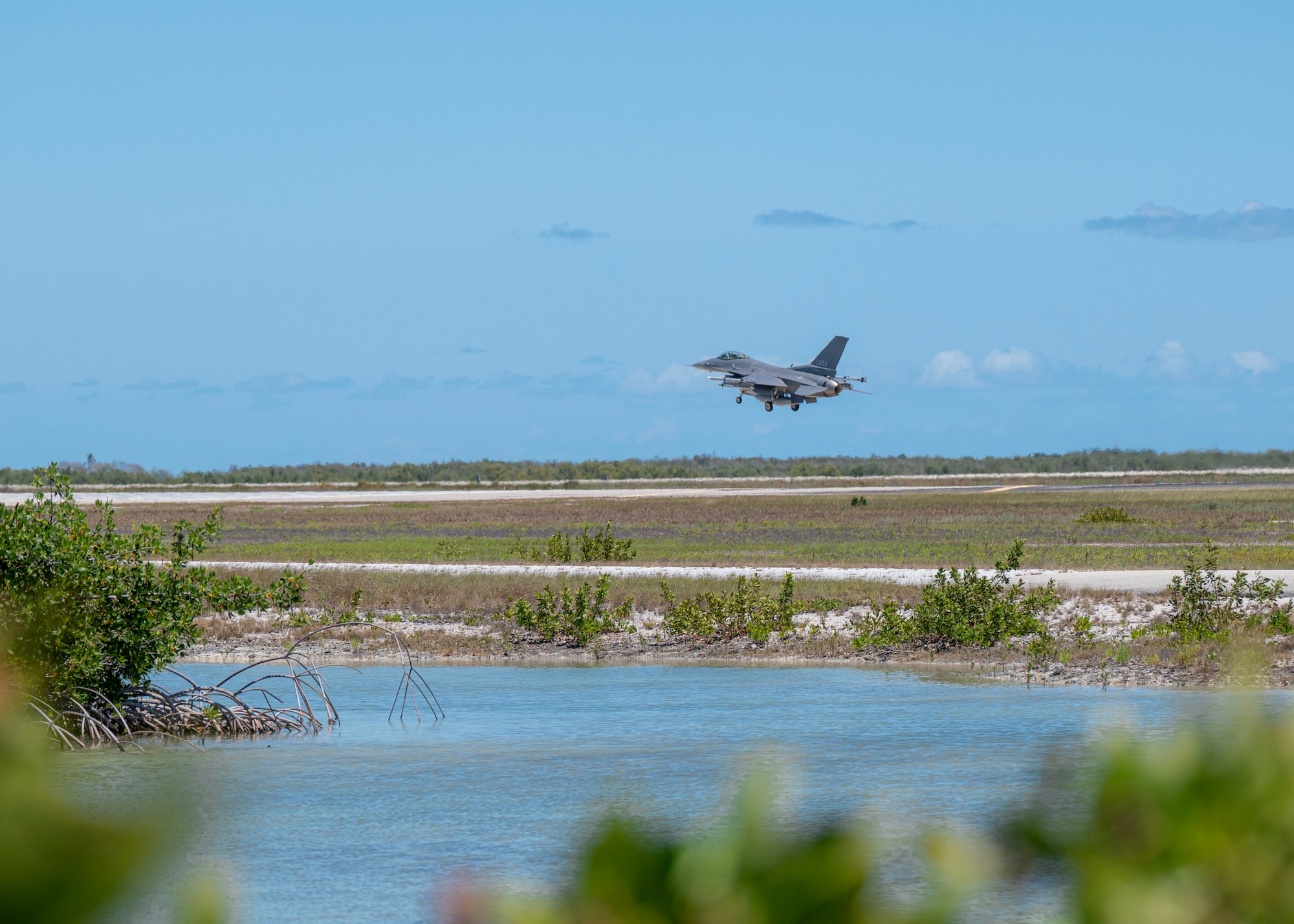An F-16 Fighting Falcon aircraft lands at Naval Air Station Key West.