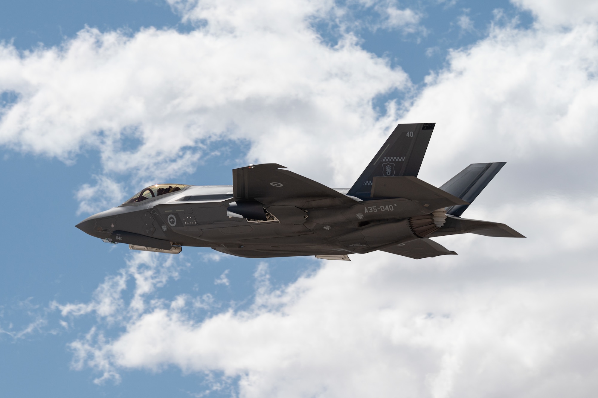 A Royal Australian Air Force F-35A Lightning II Takes off in participation of Black Flag 22-1, Nellis Air Force Base, Nevada, May 11, 2022. One of the objectives of Black Flag 22-1 is to investigate long-range kill chain options from sensor to shooter to ensure interoperability and integrated effects for mission success. (U.S. Air Force photo by Airman Trevor Bell)