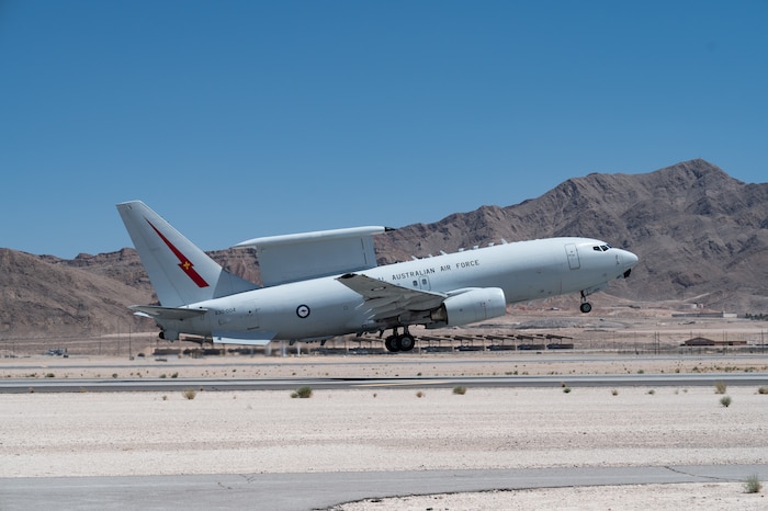 A Royal Australian Air Force E-7 Wedgetail participating in black flag takes off from Nellis Air Force Base, Nevada, May 11, 2021. Black Flag 22-1 investigates electronic warfare techniques and programming to accelerate joint electronic warfare efforts. (U.S. Air Force photo by Airman Trevor Bell)