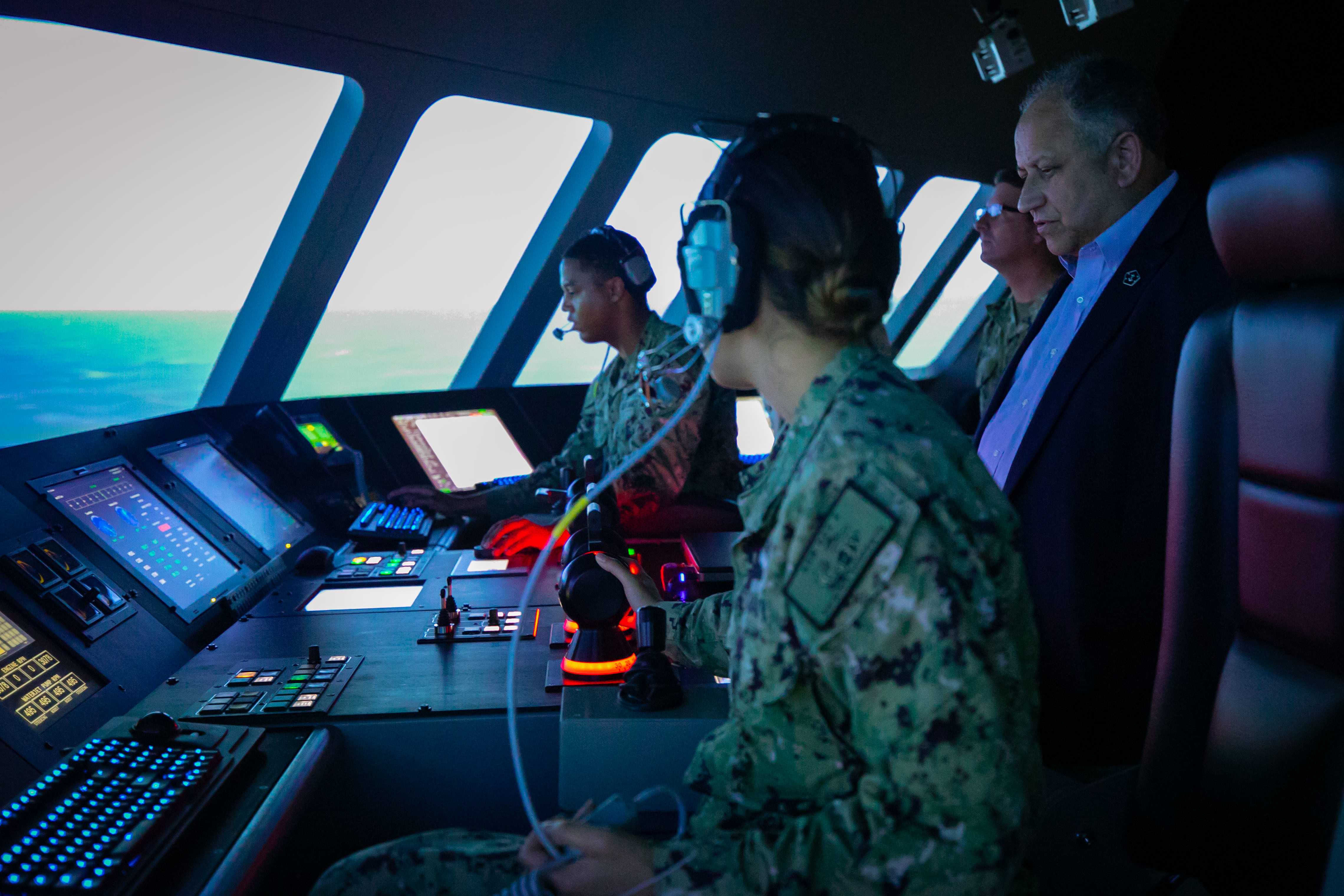 Secretary of the Navy Carlos Del Toro visits the Littoral Combat Ship Training Facility during a base visit at Naval Station Mayport, May 19, 2022.
