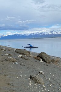 A Taylorcraft rests where it crashed May 16, 2022, near Goose Bay Airport, Alaska. Two Alaska National Guard Airmen and a Soldier heped rescue the two occupants of the plane.