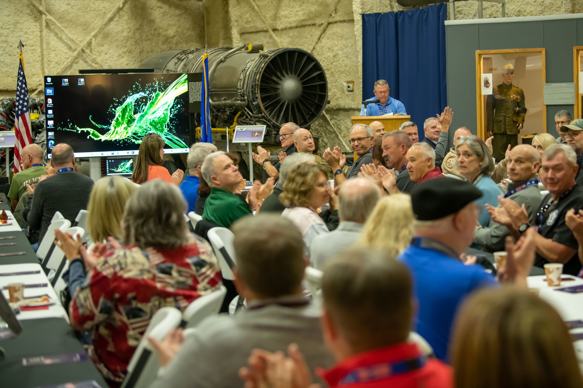 Members of the B-1 Bomber Association congregate for a reunion at the South Dakota Air and Space Museum in Box Elder, S.D., May 13, 2022. The association planned their reunion to tie into the 2022 Ellsworth Air and Space Show held on Ellsworth Air Force Base. (U.S. Air Force photo by Airman 1st Class Adam Olson)