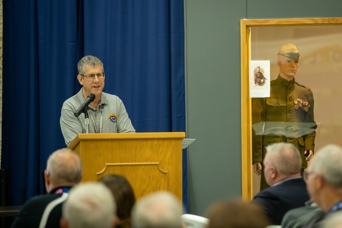 Kenneth Katz, Author of the new book “The Supersonic BONE” gives a history of the B-1B Lancer to the B-1 Bomber Association inside the South Dakota Air and Space Museum in Box Elder, S.D., May 13, 2022. Katz has flight experience in more than ten different military aircraft. (U.S. Air Force photo by Airman 1st Class Adam Olson)
