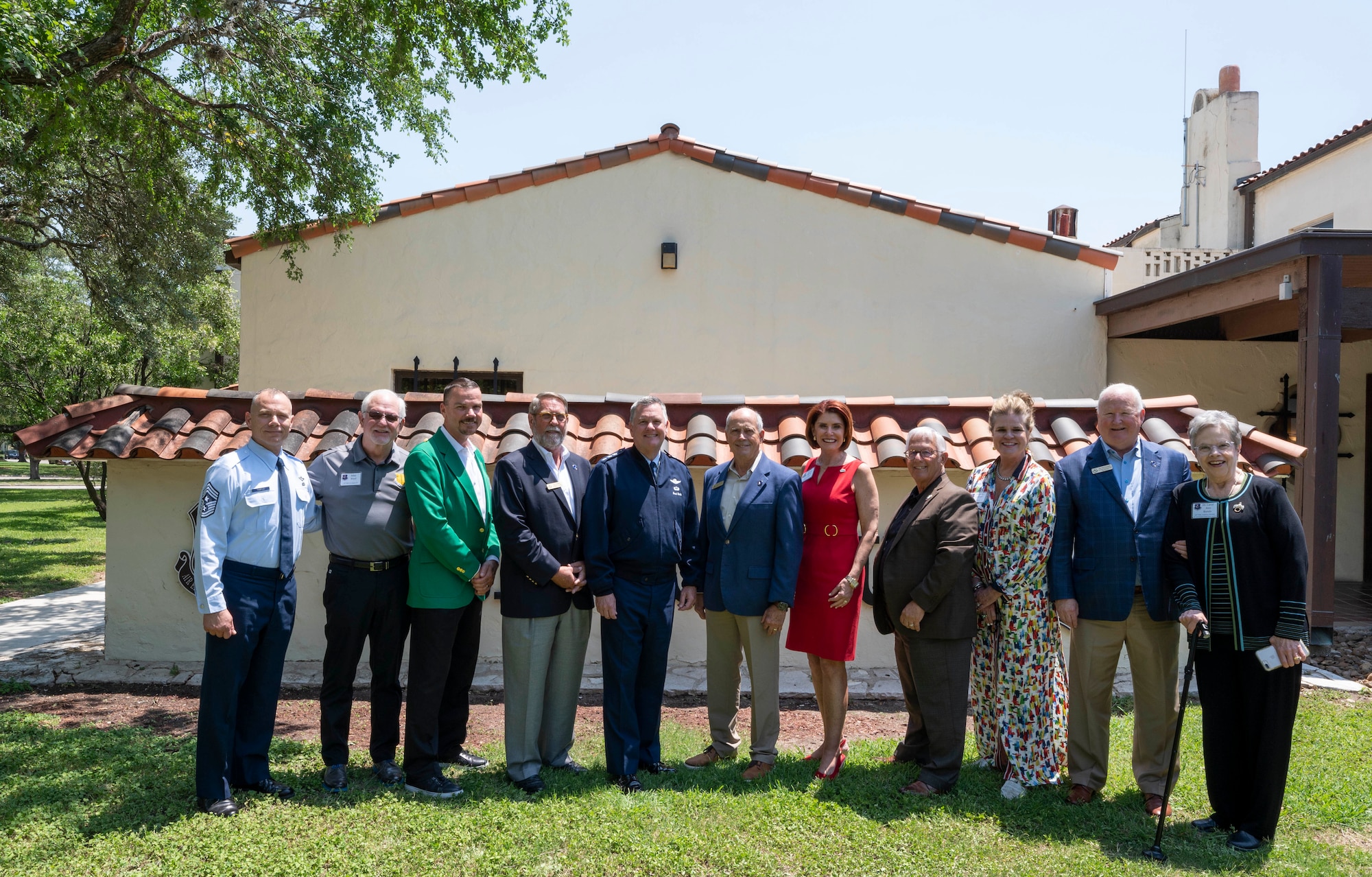 Several members of the Air Education and Training Command Civic Leader program pose with Lt. Gen. Brad Webb, AETC commander, May 19, 2022, for a regular business meeting and luncheon. During the meeting, Dr. Joe Leverett, Altus Trophy committee chairman, (second from right), announced the 2021 AETC Community Support Award, also known as the Altus Trophy Award, winner. Members of the San Angelo community, outside of Goodfellow Air Force Base are the winners and will be formally presented the trophy later this year.