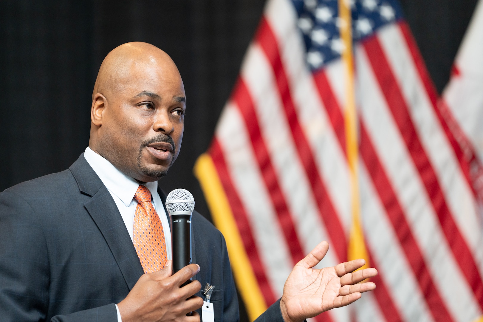 Jimmy Smith, the director of the Office of Small Business programs for the Department of the Navy, delivers his remarks as the keynote speaker at Naval Surface Warfare Center Dahlgren Division's Outreach and Industry Day, May 18.