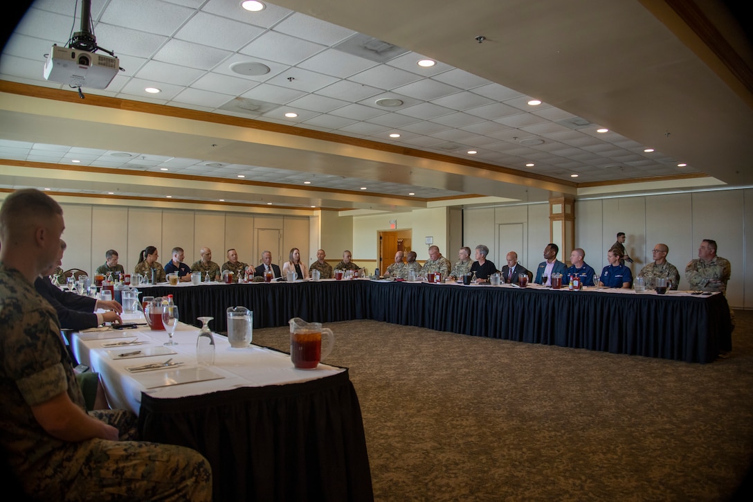 Members of the SC MBTF met to engage on initiatives to enhance the value of military installations and facilities as well as the quality of life for military personnel in South Carolina at Marine Corps Air Station Beaufort, South Carolina, May 17, 2022. This is the first SC MBTF meeting hosted by MCAS Beaufort, allowing the council to tour Marine Fighter Attack Squadron 501 to better understand how they function as the East Coast's only Marine Corps Fleet Replacement Squadron for the F-35B Lightning II platform.  (U.S. Marine Corps photo by Cpl. Aidan Parker)