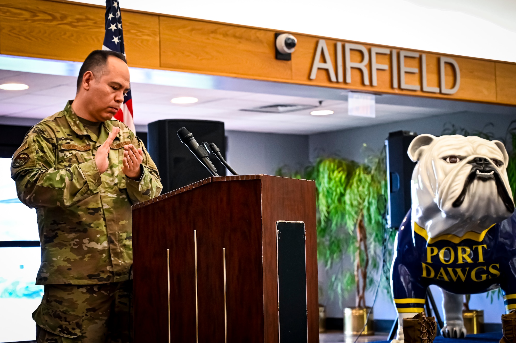 U.S. Air Force Tech. Sgt. Jaime Reyes, 305th Aerial Port Squadron, ramp ncoic, gives
an address during the Port Dawg Memorial run opening ceremony on May 19, 2022, at
Joint Base McGuire-Dix-Lakehurst, N.J. The annual Port Dawg Memorial run is
completed anytime during May to honor air transportation specialists in the Active Air
Force Air Guard and Air Force Reserve who have died in the previous year due to
combat, wrongdoing or suicide. The run started in 2013 at Kadena Air Force Base,
Japan to honor an air transportation specialist who was a victim of homicide.