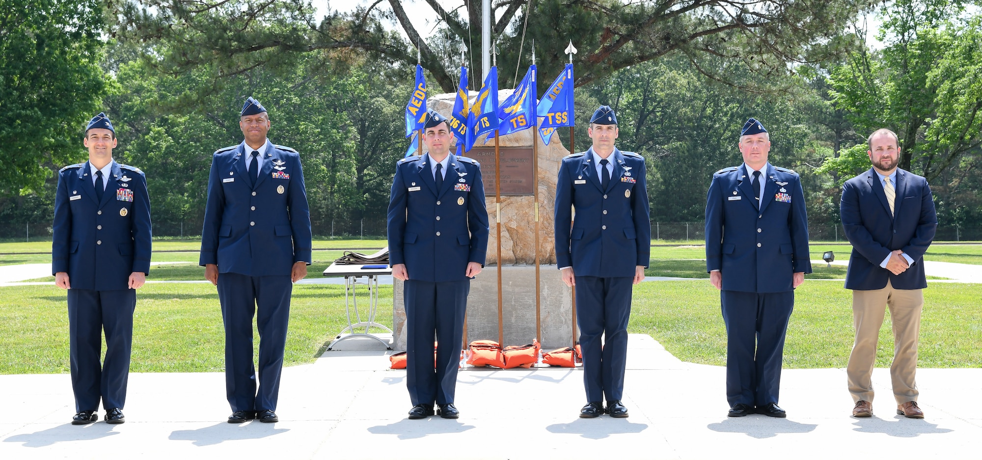 Col. Jeffrey Geraghty, commander, AEDC stands for a photo with the leaders of the newly-activated 804th Test Group, the 716th Test Squadron, 717th Test Squadron, 718th Test Squadron and 804th Test Support Squadron during a ceremony at Arnold Air Force Base, Tenn., May 20, 2022.