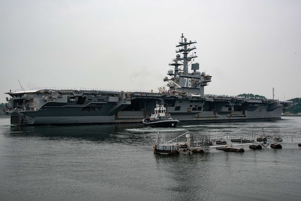 The U.S. Navy’s only forward-deployed aircraft carrier USS Ronald Reagan (CVN 76) departs Commander, Fleet Activities Yokosuka (CFAY) for a regularly scheduled deployment, May 20, 2022. Ronald Reagan is deployed to the U.S. 7th Fleet area of operations in support of a free and open Indo-Pacific region. For more than 75 years, CFAY has provided, maintained, and operated base facilities and services in support of the U.S. 7th Fleet’s forward-deployed naval forces, tenant commands, and thousands of military and civilian personnel and their families. (U.S. Navy photo by Ryo Isobe)