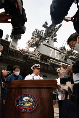 Capt. Fred Goldhammer, commanding officer of the U.S. Navy’s only forward-deployed aircraft carrier USS Ronald Reagan (CVN 76), gives a press brief prior to the ship’s departure from Commander, Fleet Activities Yokosuka (CFAY) for a regularly scheduled deployment, May 20, 2022. Ronald Reagan is deployed to the U.S. 7th Fleet area of operations in support of a free and open Indo-Pacific region. For more than 75 years, CFAY has provided, maintained, and operated base facilities and services in support of the U.S. 7th Fleet’s forward-deployed naval forces, tenant commands, and thousands of military and civilian personnel and their families. (U.S. Navy photo by Ryo Isobe)