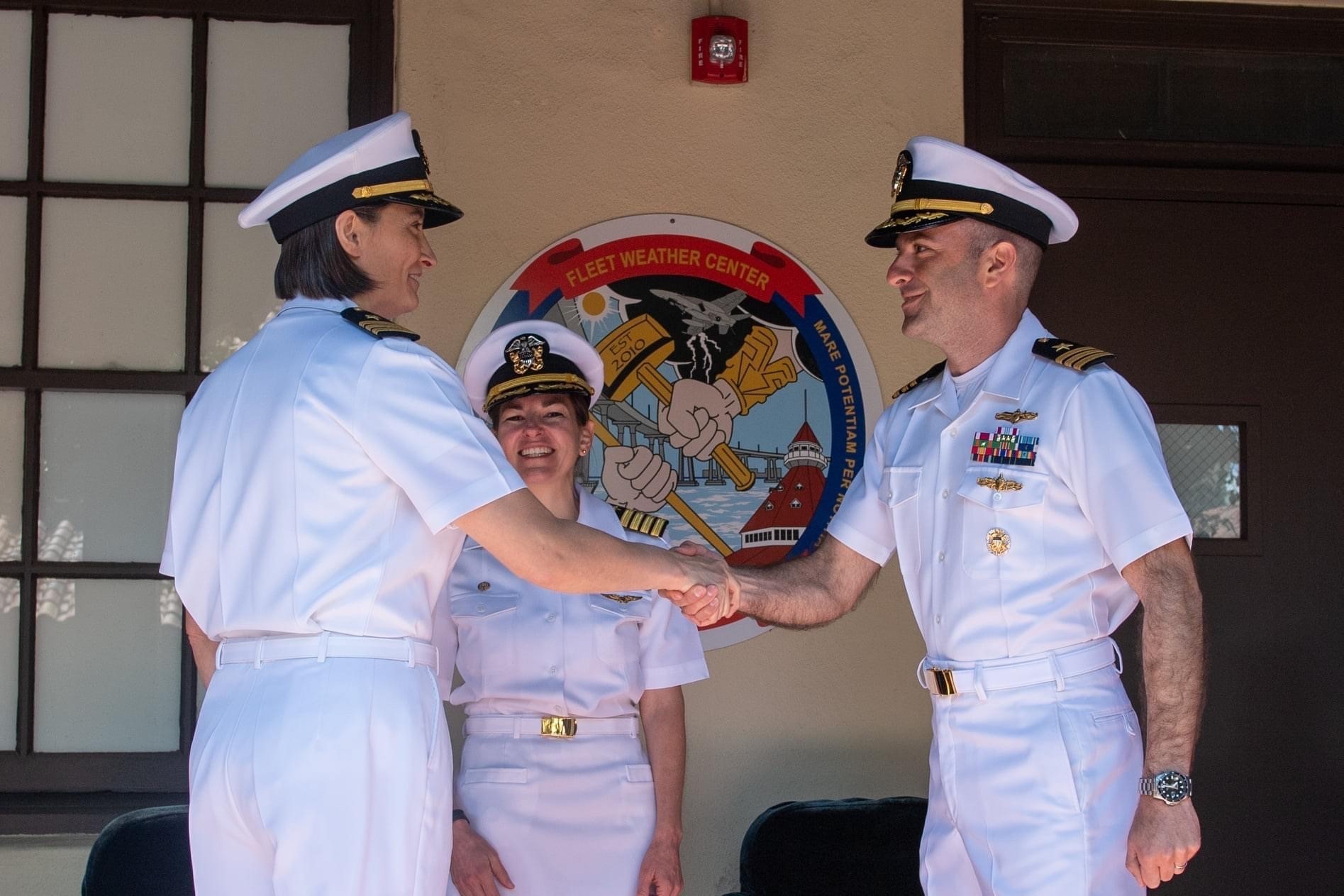 SAN DIEGO --  Cmdr. Kimberly Freitas was relieved by Cmdr. James Scianna as Commander, Strike Group Oceanography Team San Diego (SGOT-SD), in a ceremony at Naval Air Station North Island (NASNI), Apr. 22.

The Change of Command ceremony is not prescribed specifically by U.S. Navy Regulations, but rather is a time-honored naval tradition.

Family and friends, both civilian and military, came together to bid fair winds and following seas to Cmdr. Freitas, the very first Commanding Officer at SGOT-SD with two years in command, and to welcome Cmdr. Scianna as the new Commander.