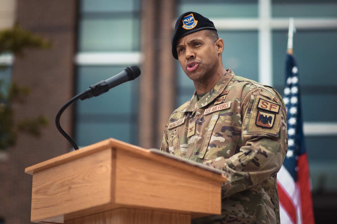 Col. Victor Moncrieffe II, Air National Guard Security Forces director, speaks about the importance of law enforcement officers in honor of National Police Week at Joint Base Andrews, Md., May 16, 2022. “The greater good is the common thread which characterizes our service,” said Moncrieffe. “While there are many reasons why people decide to serve in the armed forces, ultimately, we all serve for the greater goods of our family and our nation.” (U.S. Air Force photo by Senior Airman Bridgitte Taylor)