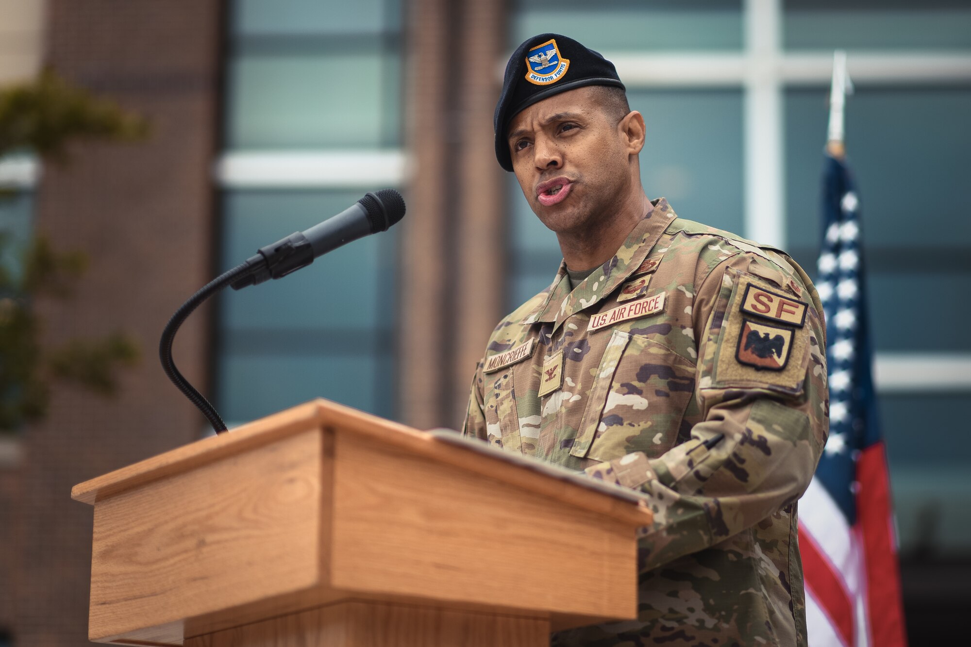 Col. Victor Moncrieffe II, Air National Guard Security Forces director, speaks about the importance of law enforcement officers in honor of National Police Week at Joint Base Andrews, Md., May 16, 2022. “The greater good is the common thread which characterizes our service,” said Moncrieffe. “While there are many reasons why people decide to serve in the armed forces, ultimately, we all serve for the greater goods of our family and our nation.” (U.S. Air Force photo by Senior Airman Bridgitte Taylor)
