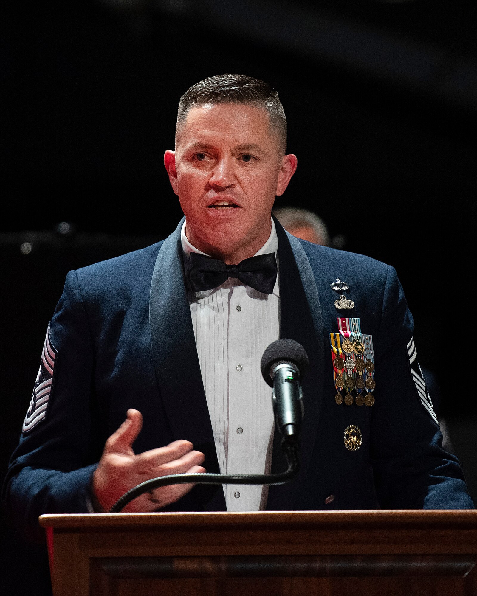 Chief Master Sgt. Jason Shaffer, 88th Air Base Wing command chief, delivers the closing remarks May 14, 2022, for the Wright-Patterson Chief Master Sergeant Recognition Ceremony at the National Museum of the U.S. Air Force. The event honored the Wright-Patt Airmen recently selected for promotion to the Air Force’s highest enlisted rank. (U.S. Air Force photo by R.J. Oriez)