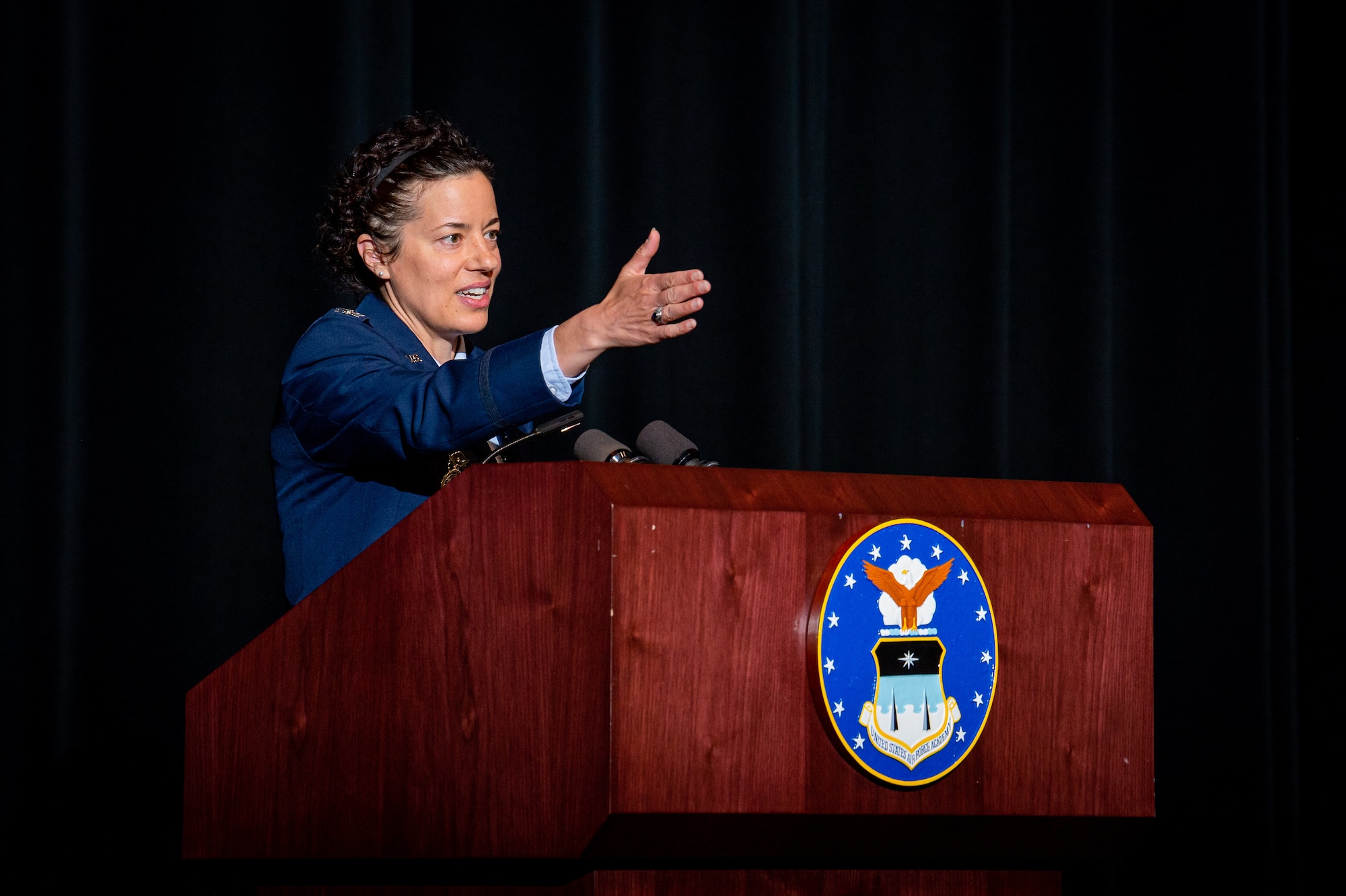 Colonel Melissa Youderian, U.S. Air Force Academy Preparatory School commander, address the audience during the prep school's graduation ceremony, May 16.