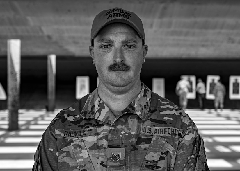 U.S Air Force Staff Sgt. Shaun Gaskill, 633d Security Forces Squadron Combat Arms Training and Maintenance instructor, poses for a photo at Joint Base Langley-Eustis, Virginia, May 19, 2022.