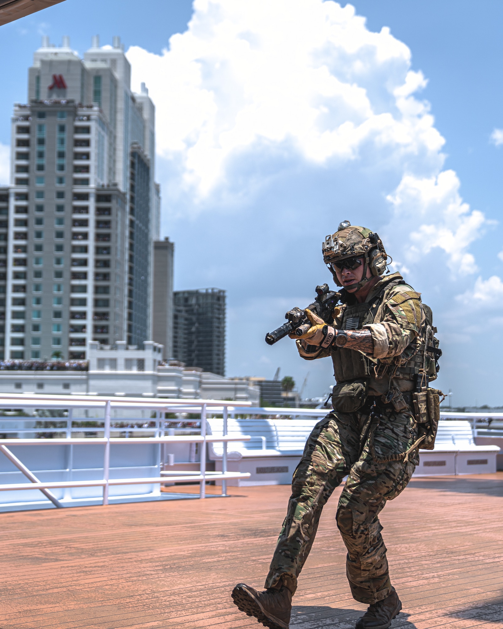 A member assigned to U.S. Special Operations Command searches a boat during a Special Operations Forces (SOF) demonstration in Downtown Tampa, Florida, May 18, 2022.