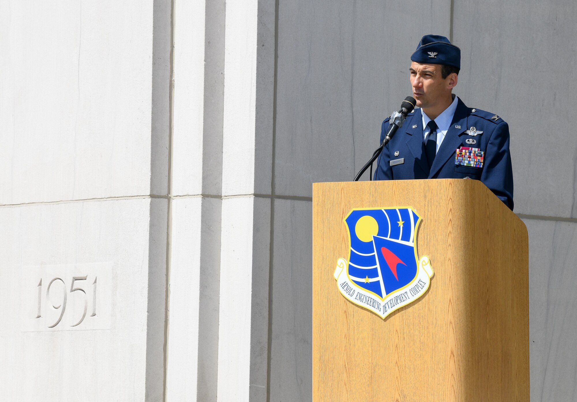 Col. Jeffrey Geraghty, AEDC commander, makes remarks during the activation Ceremony for the 804th Test Group, the 716th Test Squadron, 717th Test Squadron, 718th Test Squadron and 804th Test Support Squadron at Arnold Air Force Base, Tenn., May 20, 2022.