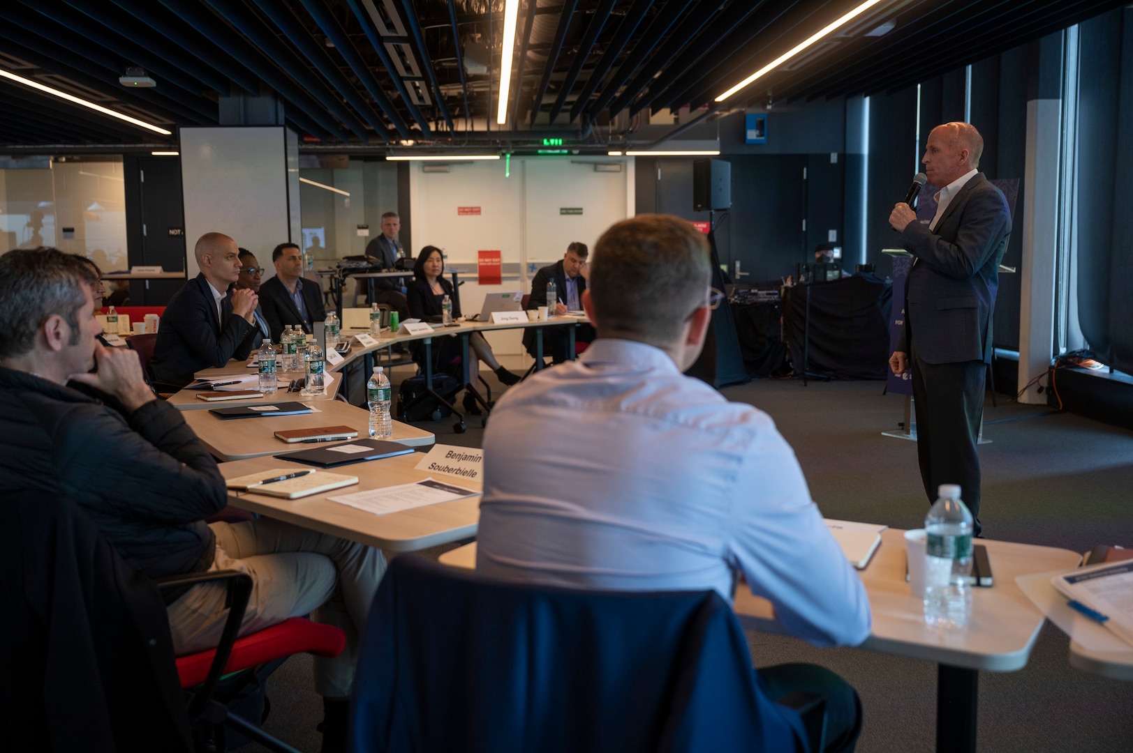 Air Force Gen. (ret.) Stephen Wilson speaks with Defense Department senior leaders at the Massachusetts Institute of Technology.