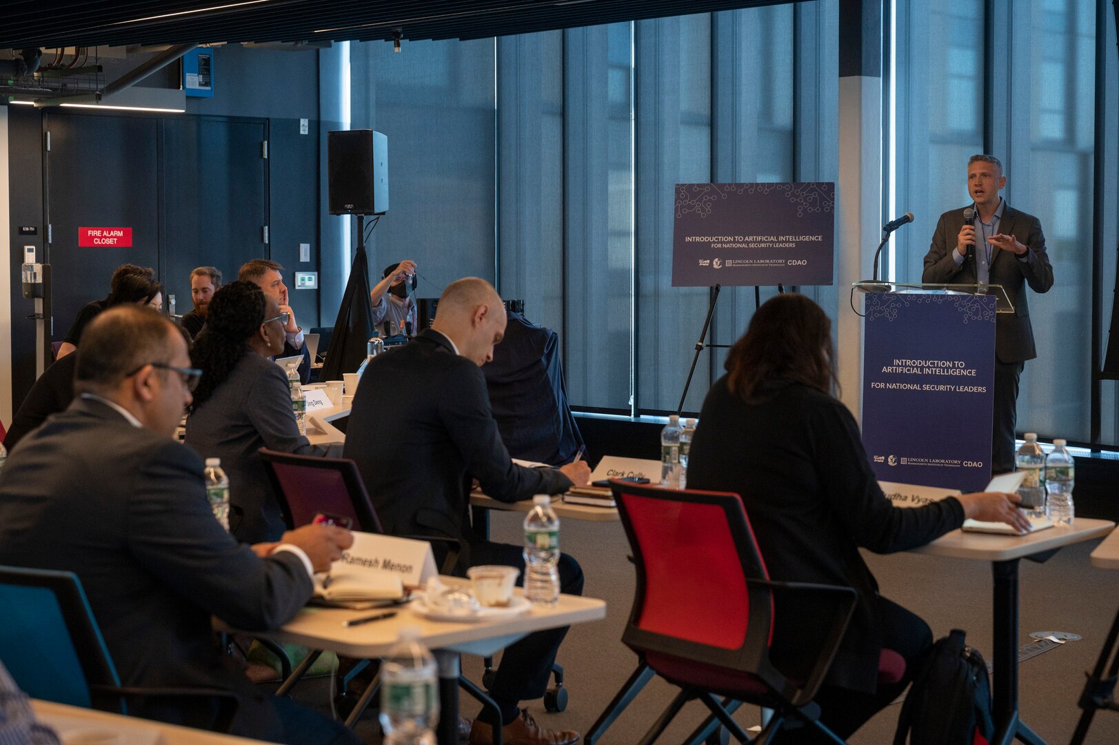 Col. Tucker Hamilton, Department of the Air Force-Massachusetts Institute of Technology Artificial Intelligence Accelerator director, speaks with Defense Department senior leaders at MIT.