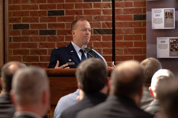 U.S. Air Force Col. Kevin Kirsch, HQ Cyberspace Capabilities Center commander, shares words of gratitude towards contributions to innovation at a timeline induction ceremony, at HQ CCC on Scott Air Force Base, Illinois, May 19, 2022. The tile induction ceremony honored the 67th Cyberspace Wing and 688th Cyberspace Wing’s contributions towards Air Force cyberspace and communication capabilities. (U.S. Air Force photo by Airman 1st Class Mark Sulaica)