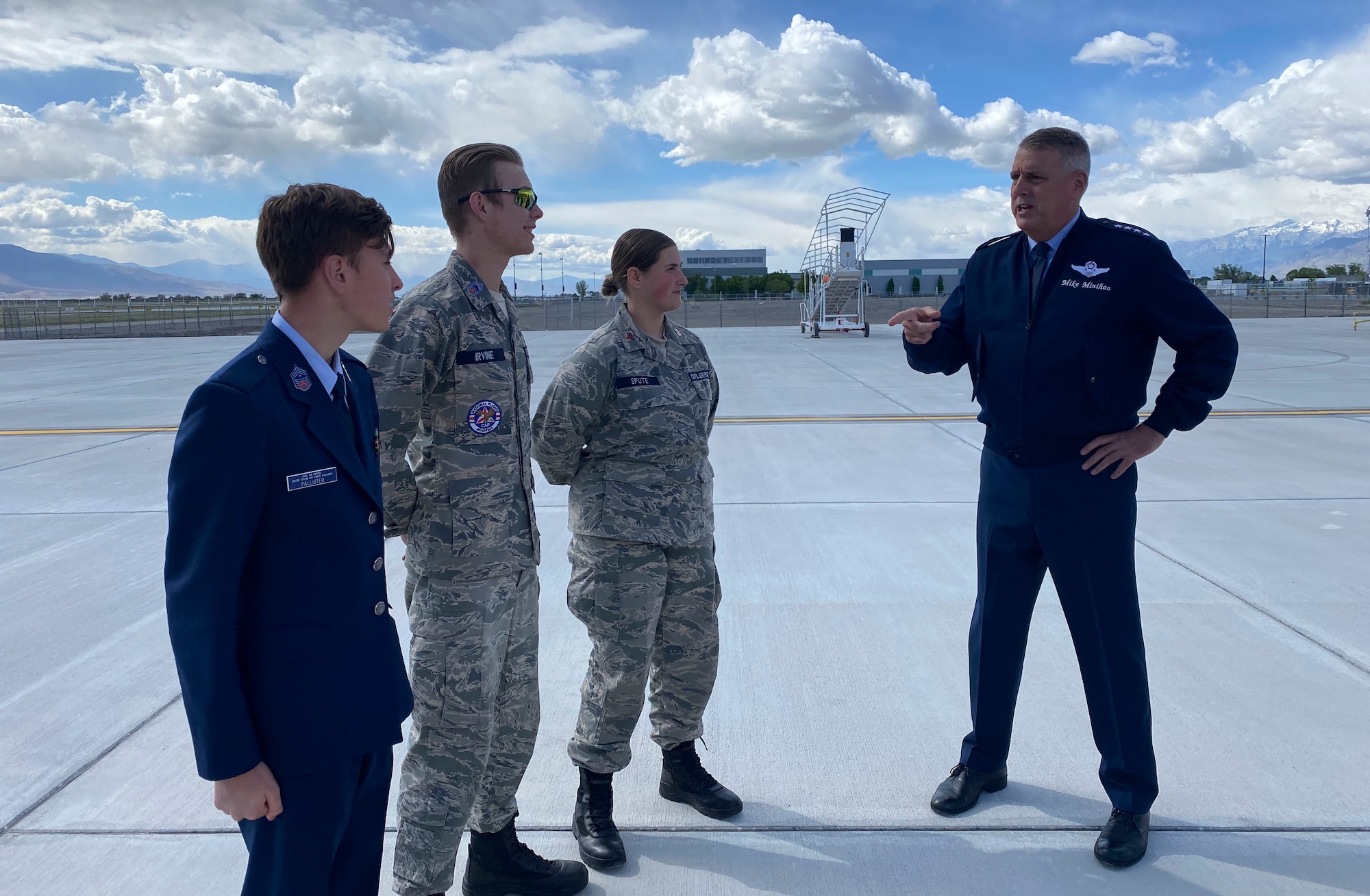 U.S. Air force Gen. Mike Minihan, Air Mobility Command commander, talks with Civil Air Patrol cadets after a dedication ceremony in Provo, Utah, May 20, 2022.