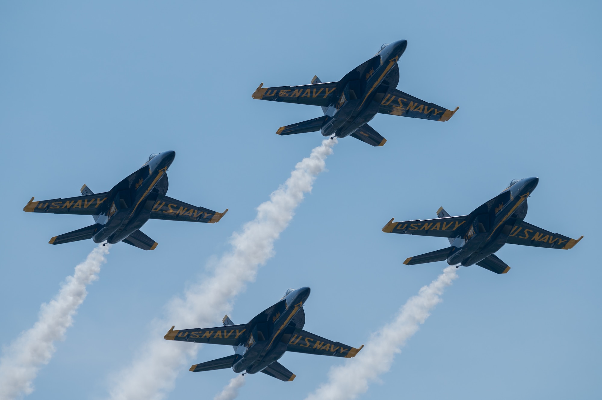 The U.S. Navy Flight Demonstration Squadron, the Blue Angels, F/A-18 Super Hornets, during day one of the 2022 Thunder Over Dover Airshow, May 21, 2022, at Dover Air Force Base, Delaware. This was the first time the Blue Angels performed at Dover AFB since 1991. (U.S. Air Force photo by Mauricio Campino)