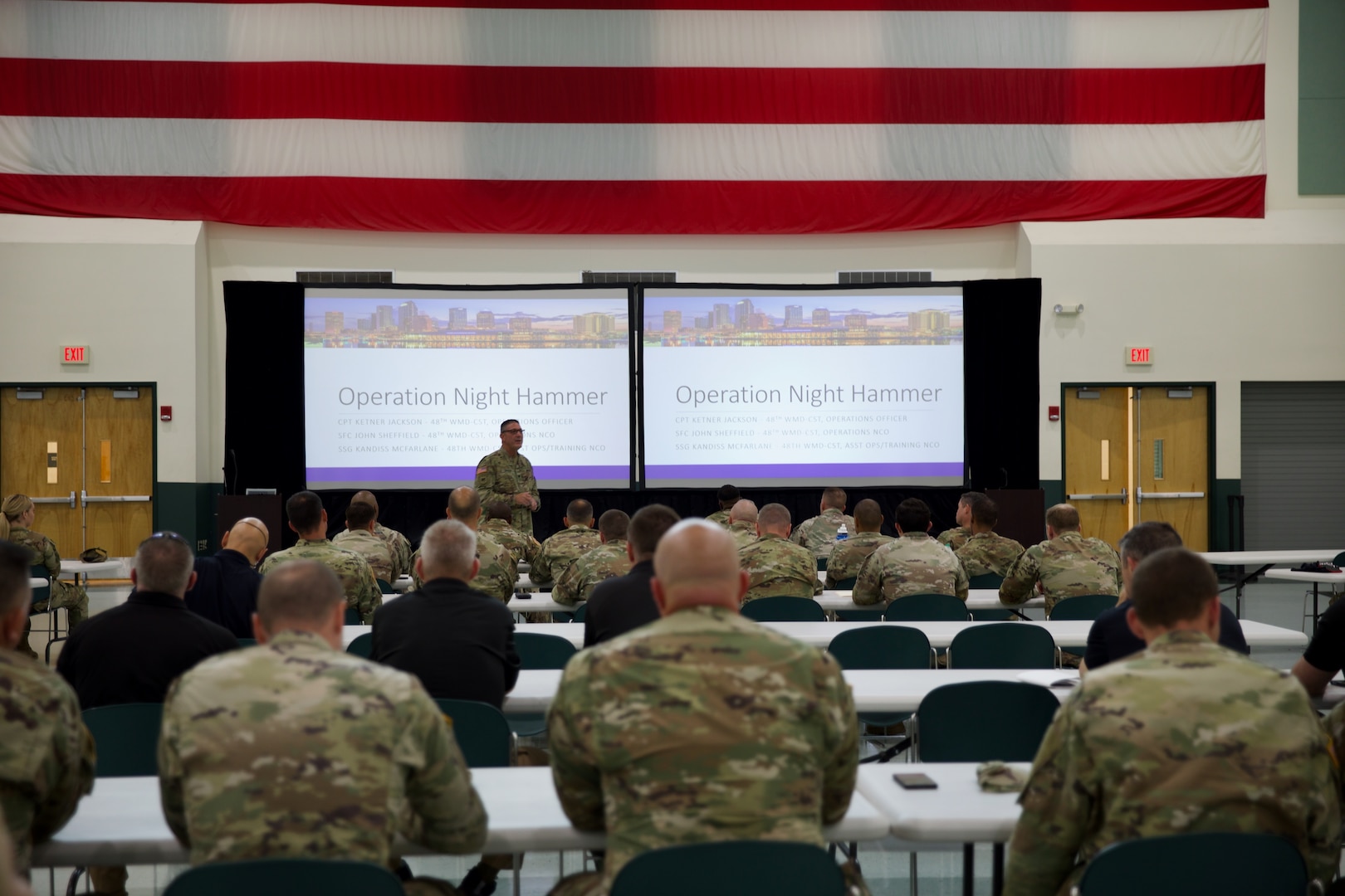 Florida Army National Guard, Lt. Col. Mark Bianchi, 48th Civil Support Team commander, briefs local, state and federal authorities and other CST teams from New York, Illinois, Georgia, North and South Carolina at the C.W. Bill Young Armed Forces Reserve Center during Operation Night Hammer May 22, 2022.